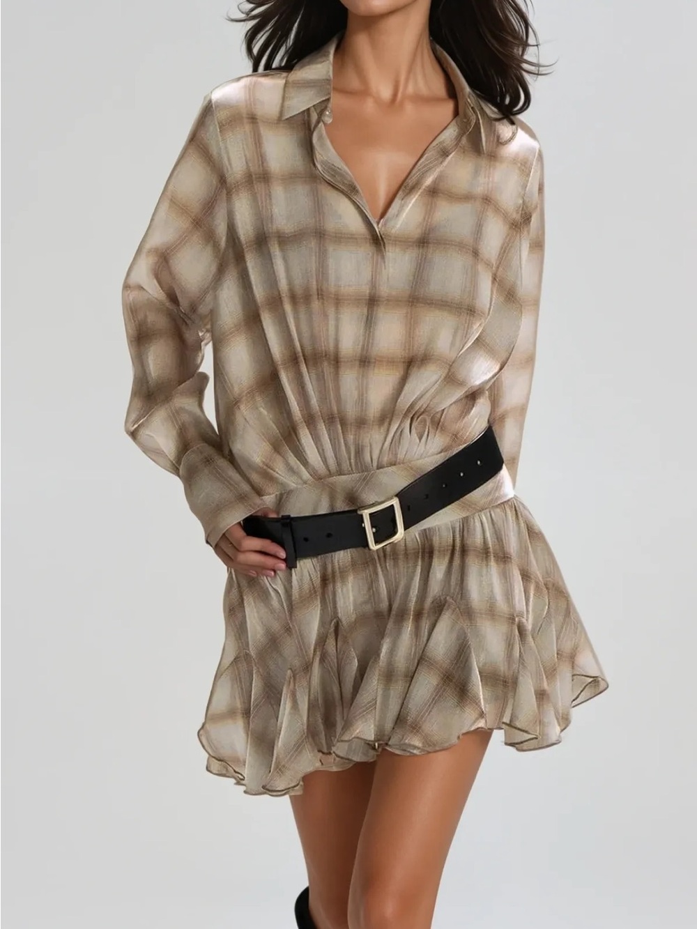 Plaid Button Down Long-Sleeve Mini Roched Dress in Beige Shinmer